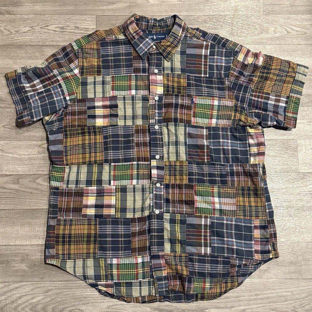 VTG Polo Ralph Lauren Blake Mens Shirt Size XXL Patchwork Button Up Short Sleeve